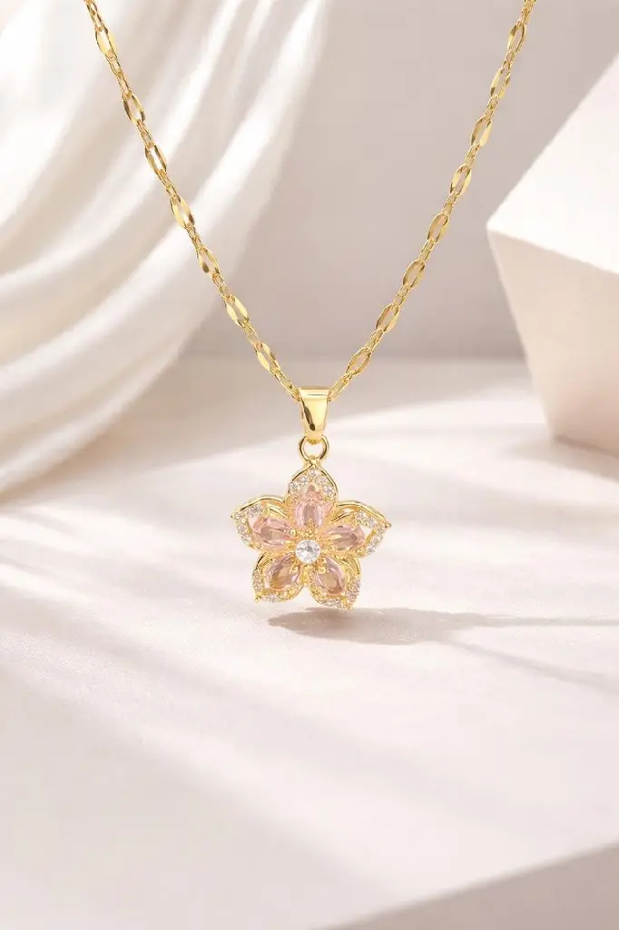 Elegante Rotierende Rosa Blume Halskette für Frauen - Goldfarbener Edelstahl Anhänger Anti-Stress-Schmuck.webp